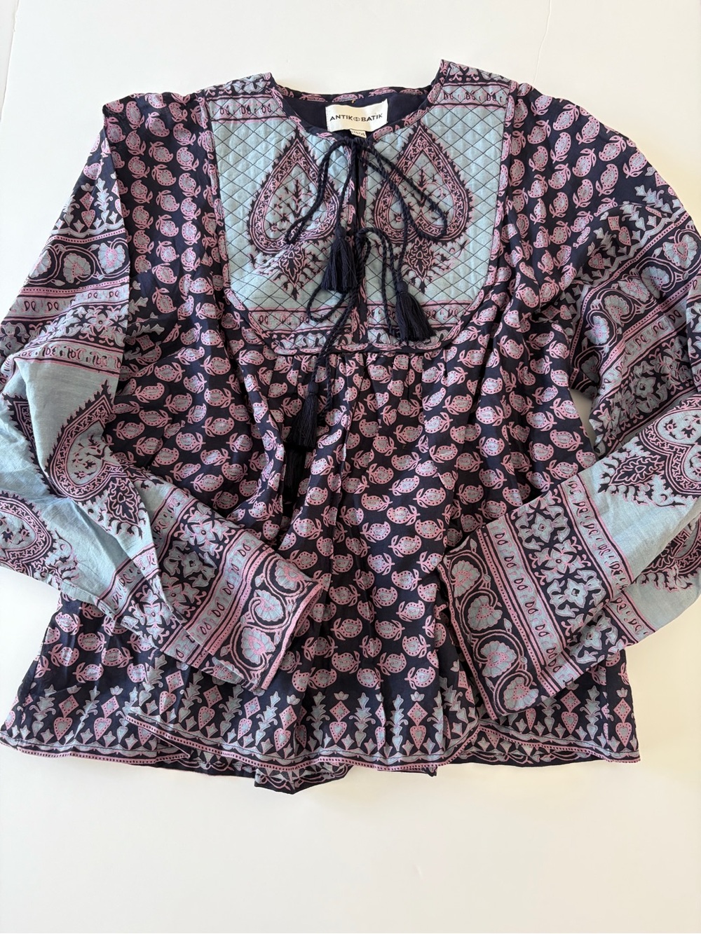 Antik Batik Pink & Blue Paisley Quilted Yoke Peasant Blouse XS